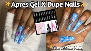 New SXC Cosmetics Apres Gel X Dupe! XXL Blue Marble Nails! AB Rhinestone Placement!