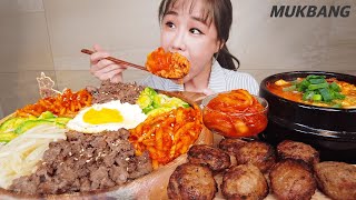 Субтитры) KOREAN CUISINE BIBIMBAP KIMCHI RIB PATTY SOFT TOFU STEW CUCUMBER REAL SOUND ASMR MUKBANG