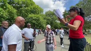 Female Christian Speaker V Atheist Charles at Speakers Corner 11 08 24