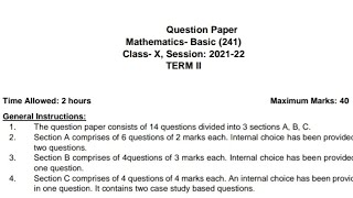 Class 10 Maths Basic Final Exam Question paper of (2021 - 2022) | Cbse Board