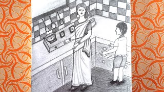 Mother's Day Drawing ll Kitchen Drawing ll Kitchen Drawing With Mother ll Cooking Women/Girl Drawing