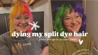 Dying My Split Dye Hair from Pink and Orange to Purple and Green with IroIro Hair Colors