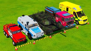 TRANSPORTING ARMORED POLICE CARS, TANK, FIRE ENGINE with MERCEDES TRUCKS! Farming Simulator 22