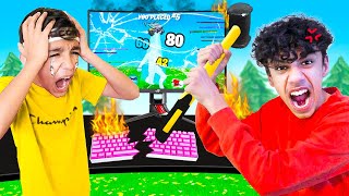 I DESTROYED My Little Brothers Gaming Setup Every Time He Died in Fortnite! (RAGE)