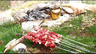 homaira:Lamb kebab in the land of the mountainsKebab with mountain edible herbs #food #asmr #nature