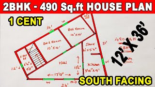 cross land vastu plan, 1 cent house plan, south facing plan, 490 Sq.ft house  36*12 vastu house plan