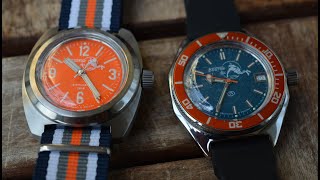 Review of two Vostok Amphibia watches in 670 and 170 case with modificatons.