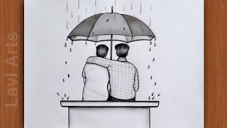 How to draw Two best friends ( Boy) sitting in Rainy day with umbrella | Best Friend Pencil drawing