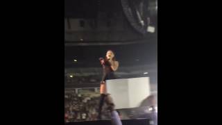 ariana reading a naughty sign at the HMT