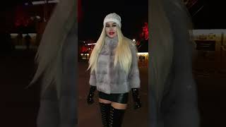 Granate styling, walking in public, Vienna, Feuerdorf, Danube Channel, crotch high boots, high heels