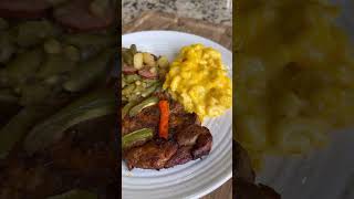 Sunday Dinner! #porksteak #crockpotmacandcheese #greenbeans #cooking