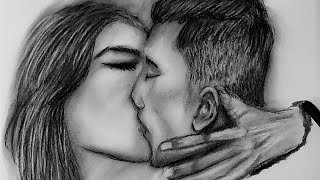 Charcoal Drawing of a Couple | Couple Kiss Drawing