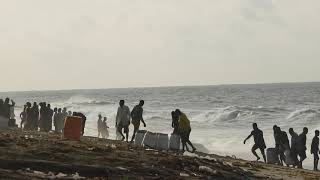 The fishermen in Ada Foah Ghana catch the fish from the fishing boats