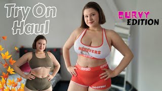 4K Try on haul HOOTERS sport shorts and tops on curves with Tina