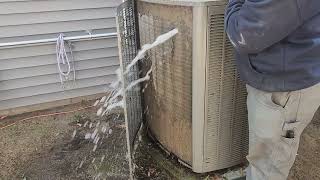 Filthy plugged AC condenser wash down