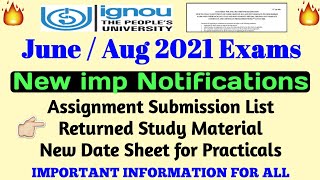 IGNOU JUNE / AUGUST 2021 EXAMS || New Date Sheet, Last Date, Assignment List by RC info By TIPS GURU