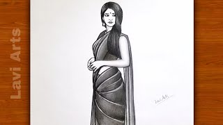 How to draw beautiful girl wearing Saree | Pencil Sketch girl | Easy drawing for beginners |LaviArts