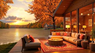 Soft Jazz by a Lakeside House with a Cozy Fireplace – Bossa Nova in the Golden Autumn Sun