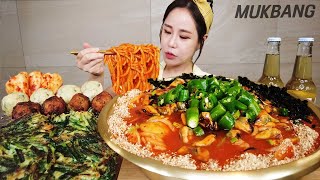 SUB) 매콤 칼칼 장칼국수에 홍합 땡초 가득 🌶 만두에 부추전까지 꿀조합 먹방 SPICY KALGUKSU SEAFOOD NOODLES REAL SOUND ASMR MUKBANG