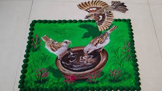 Unique and Attractive Sparrow Rangoli | Scenery Rangoli of sparrows  | 3D Bird Rangoli