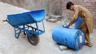 Process of Making Wheelbarrow Out of Plastic Oil Drums | How to Make a Construction Trolley