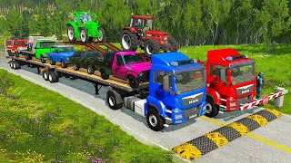 Double Flatbed Trailer Truck vs Speedbumps Train vs Cars | Tractor vs Train Beamng.Drive