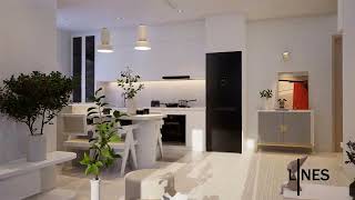 3D animation of a beautiful living area with an open kitch