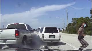 Dashcam Captures FHP Trooper's Close Call with Pickup Truck in West Palm Beach