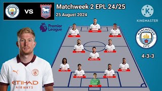 Manchester City vs Ipswich ~ Man City 4-3-3 With Ake Matchweek 2 Premier League Season 2024/2025