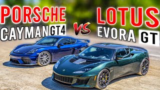 Lotus Evora GT vs Porsche 718 Cayman GT4 | $100K Mid Engine Shootout