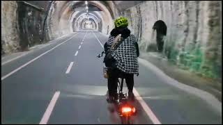 Riding my brompton electric with valeria’s shopping bag in 1750m galleria / tunnel Capo Nero Italy