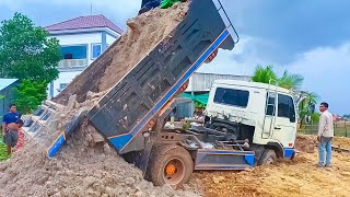 Start Large Fill Up Land Project By KOMATSU DOZERS Push and Trucks Unload Soil Fill Up Making House.