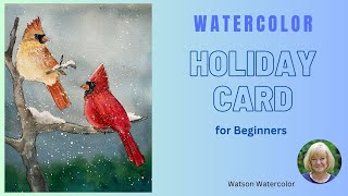 Watercolor Holiday Card with Cardinals in Snow  - How to Paint a Cardinal - Christmas Card