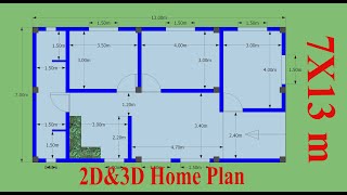 نقشه تعمیر سه خوابه دو بعدی و سه بعدی #2D&3D House plan design 3bedroomes