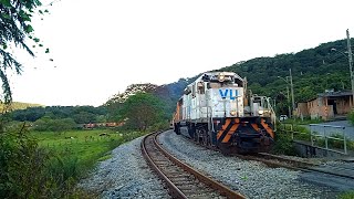 Trem graneleiro vazio tracionado por locos EMD SD40-2 nas pinturas da FCA e VLI passando em Itaúna