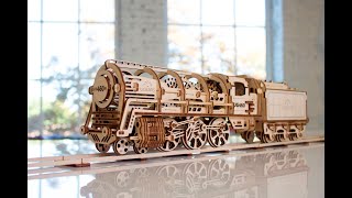 Ugears 3D Mechanical Wooden Train Puzzle | 460 Steam Locomotive with tender - Assembly Video