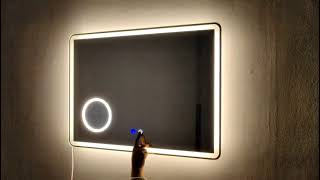 Rectangular LED illuminated mirror with defogger and dimmer function. Model IN-M100 by Innova Mirror