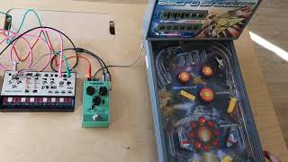 Tabletop pinball machine, two synths and an effects pedal USB powered  with 9V Ripcord power cable.