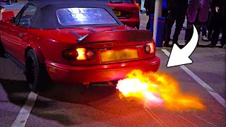 MX5 SHOOTS Mad Flames At Modified Car Meet! - Modified Cars Leaving a Car Meet!