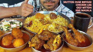 mutton dum biryani eating with spicy mutton nalli curry chicken leg curry fried eggkosha colddrinks