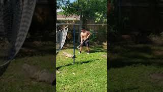 Angel chopping wood for the first time.