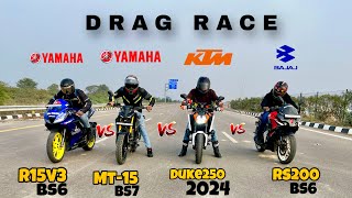 2024 ktm duke 250 GEN3 vs Yamaha R15v3 vs pulsar rs 200 vs Yamaha mt-15 bs7 | quad battle 😱