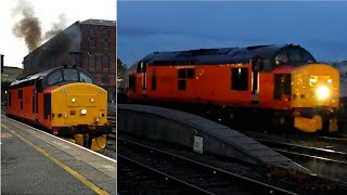 Bright orange 37405 blasts through Yorkshire station light engine 🍊 😃