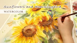 How To Paint Sunflowers with a Hummingbird in Watercolor Painting