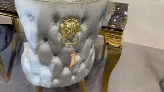 Elizabeth Grey Velvet And Gold Dining Chair With Lion Ring Knocker