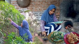 Memasak Masakan Sederhana Menu Makan Malam Tumis Daun Singkong, Teri, Lauk Tahu Tempe Goreng