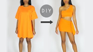 DIY One Shoulder Crop Top + Skirt Matching Set From a T-Shirt (Easy Sewing)