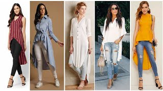 Latest Stylish And Trendy High Low/Up Down Kurti/Top And Blouse Design with Jeans for College Girls