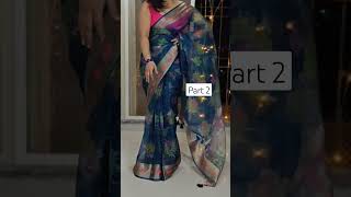 Part 2 - Teal blue printed organza saree with Pink silk sleeveless blouse | How to drape a saree?