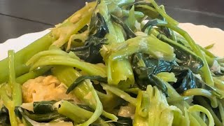 Stir-fry water spinach with garlic and chili 🌶️ ￼#cooking #stirfry #waterspinach